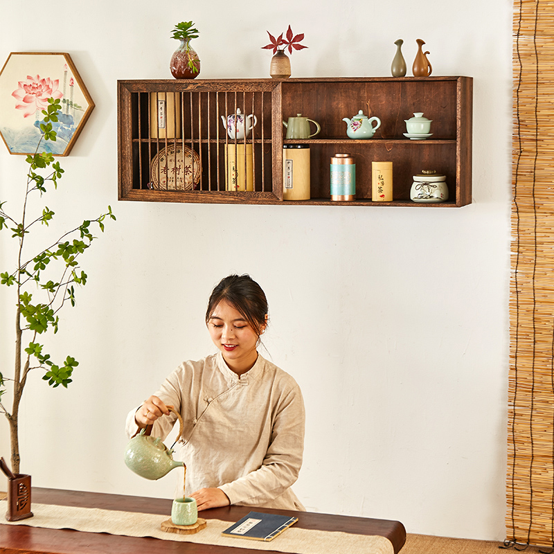 挂墙置物架储物架壁挂工艺博古架紫砂壶格子架墙上吊柜书架壁柜