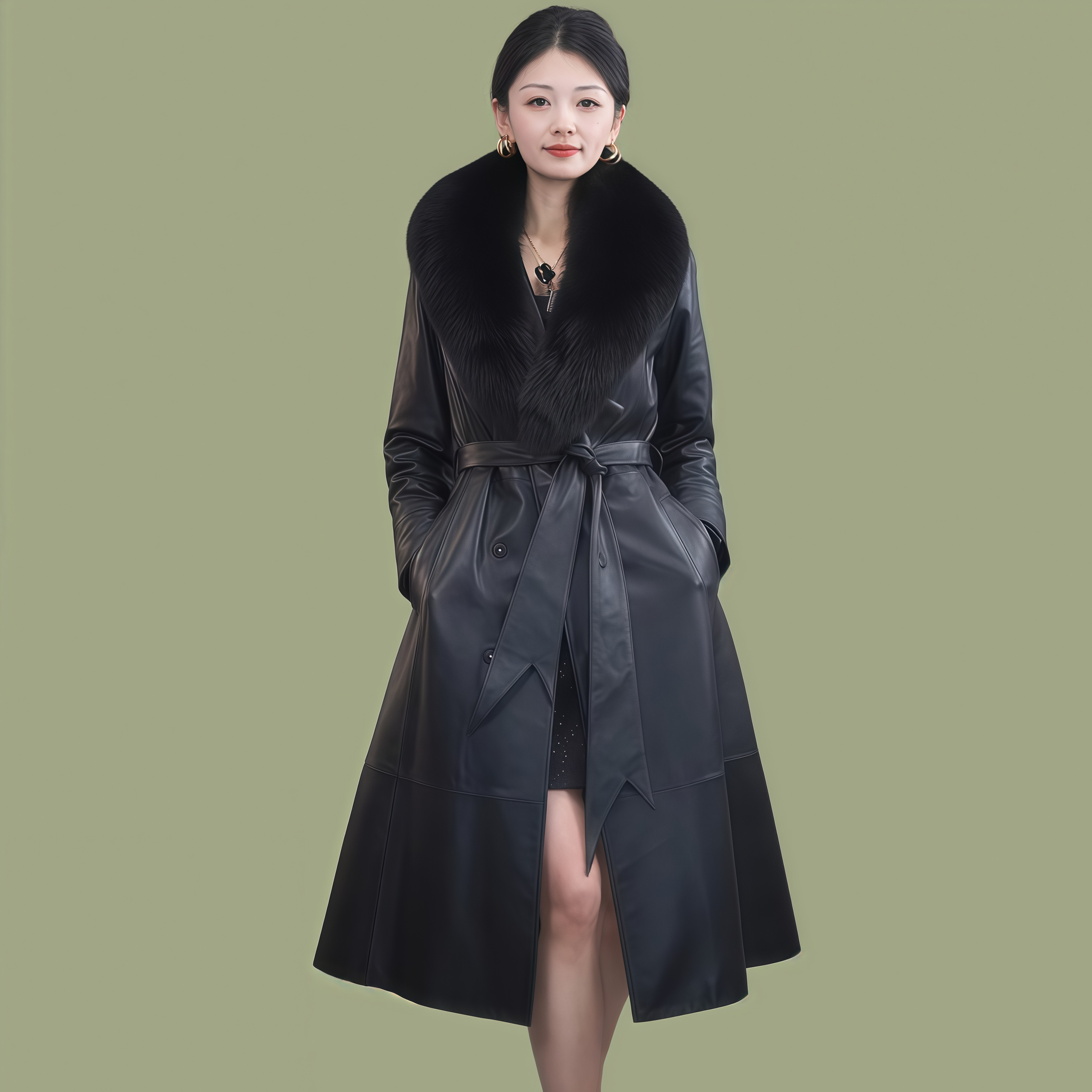 海宁新款皮衣时尚女士黑色真皮皮衣狐狸毛领长款冬季皮衣外套女