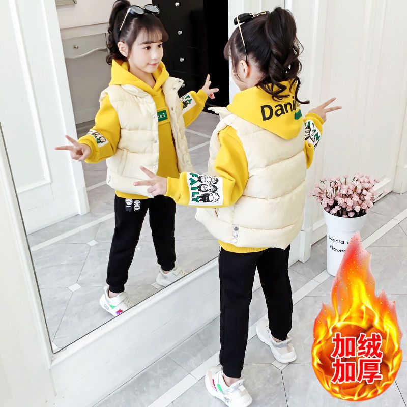 女童加绒套装秋季2023新款儿童洋气加厚童装三件套中大童冬季潮