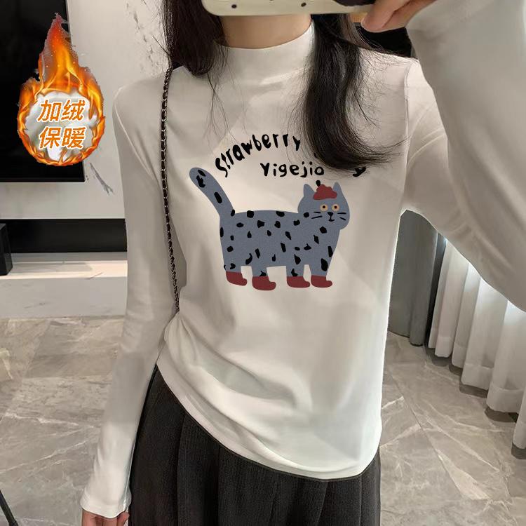 设计感修身内搭德绒加厚长袖t恤女打底衫女2024秋冬猫咪印花上衣