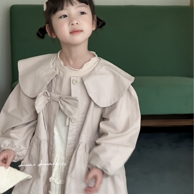 秋季女童洋气大翻领蝴蝶结长款风衣外套245420