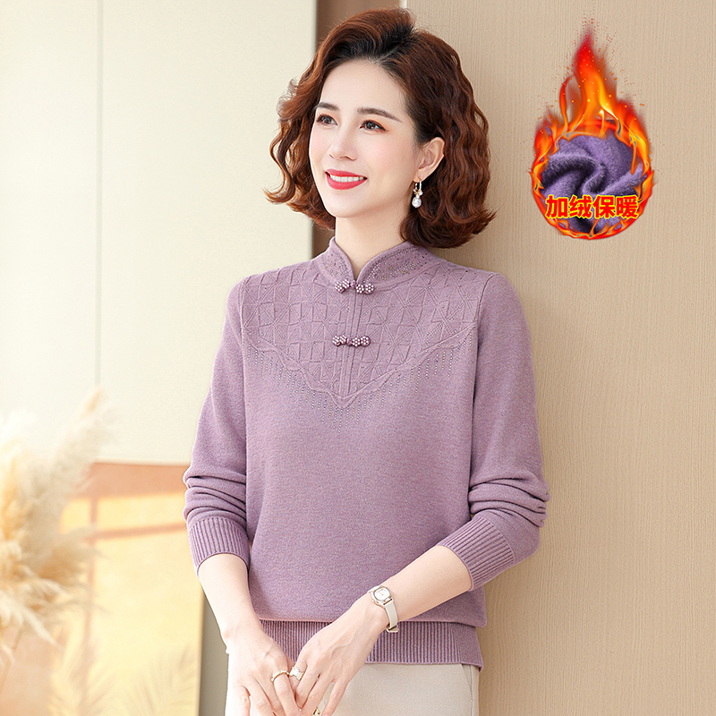 洋气妈妈旗袍领加绒毛衣打底衫中老年秋冬时尚加厚保暖一体绒针织