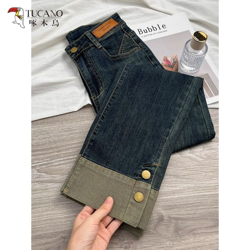 啄木鳥加绒拼接卷边直筒牛仔裤女秋冬新款小个子显高显瘦复古九分