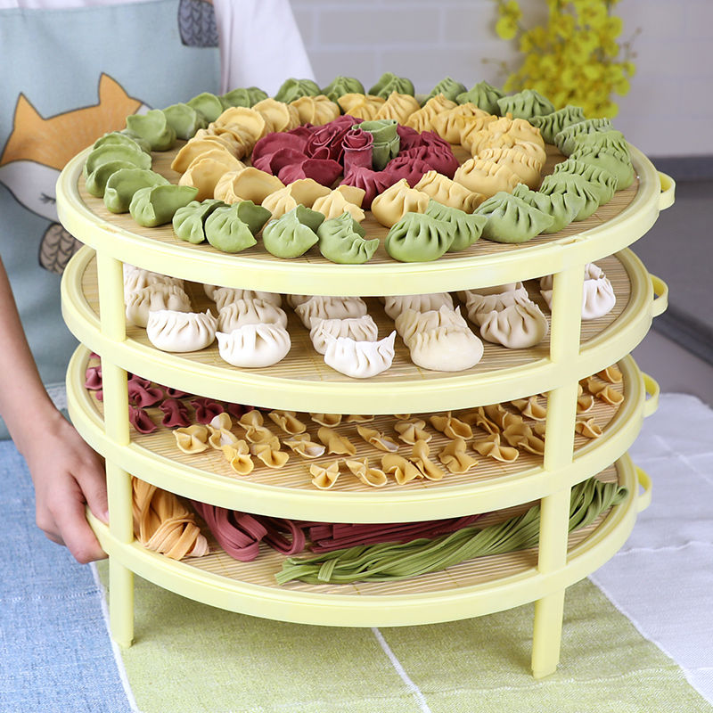 厨房竹面盖帘多层饺子帘面食帘水饺餐垫圆形加高腿托盘家用放包子