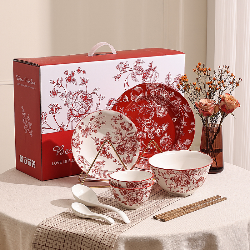 玫瑰假日新婚送礼餐具陪嫁结婚喜庆红色碗筷套装礼盒乔迁新居礼物