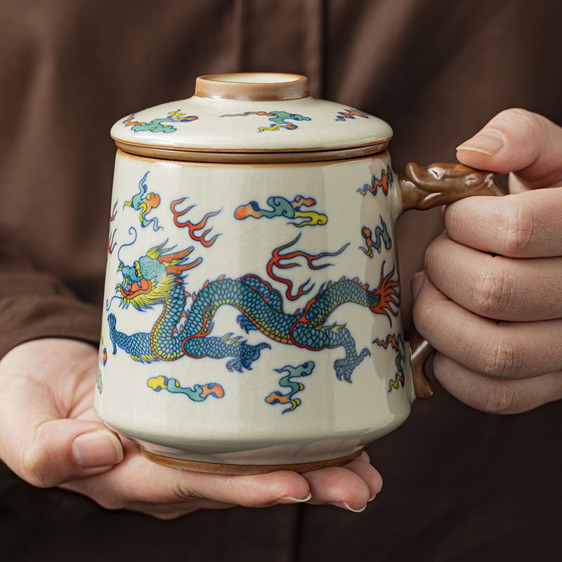 双龙米黄汝窑茶水分离泡茶杯个人专用马克杯带盖子陶瓷办公杯定制