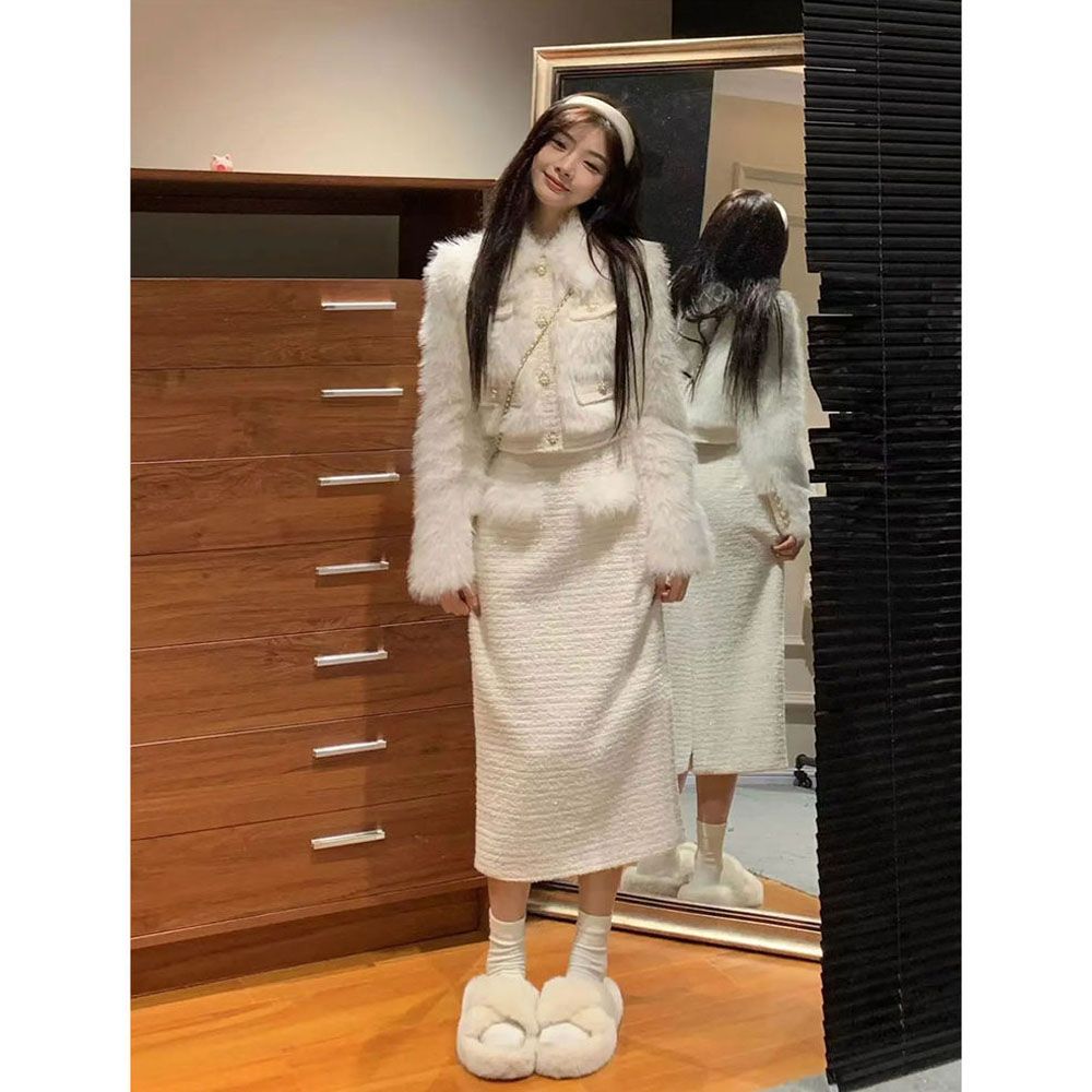 小香风套装裙秋冬女名媛温柔风短款加厚毛毛外套两件套裙子