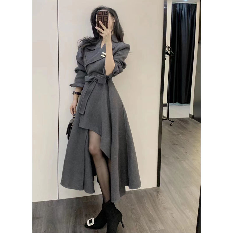 气质时髦灰色长款设计感裙摆大衣女冬前短后长大衣冬