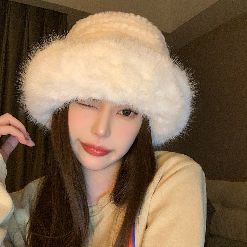 毛绒帽宽檐渔夫帽子女冬显脸小保暖护耳帽加绒加厚水桶帽休闲百搭