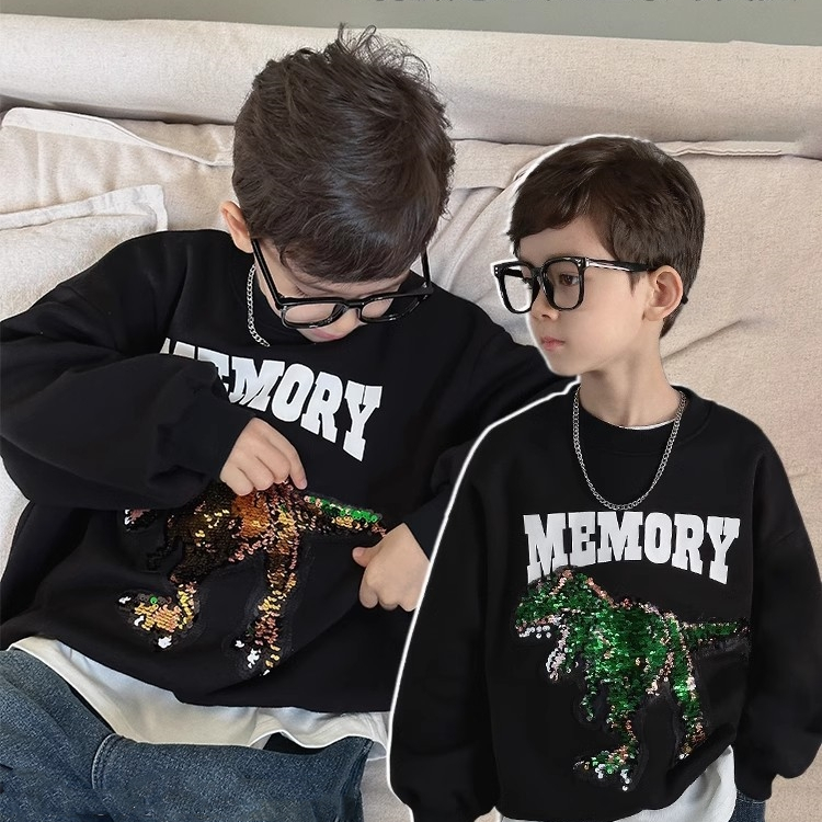 男童加绒加厚恐龙亮片变色卫衣秋冬款中大儿童帅气可变脸保暖上衣