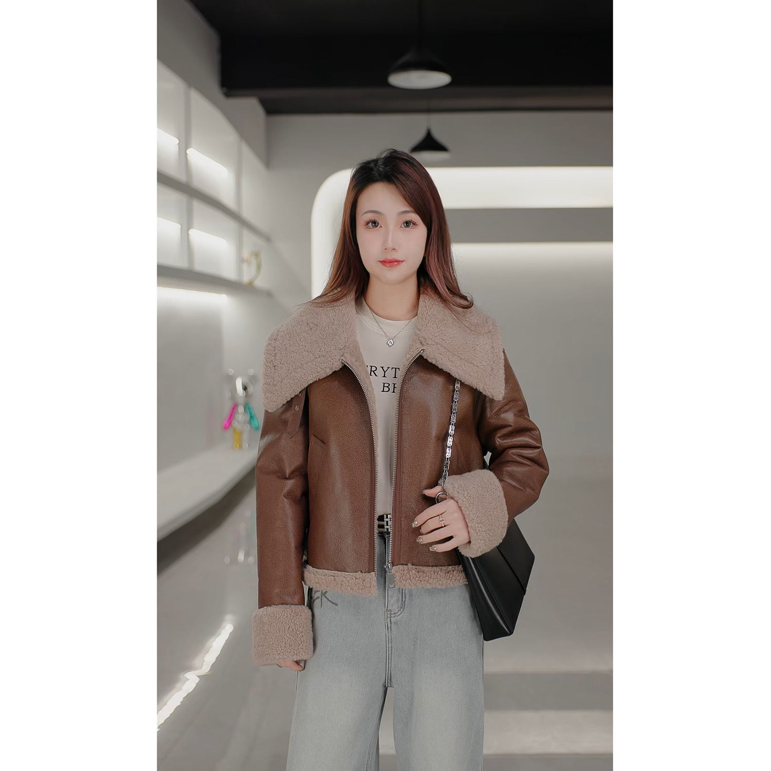 ROBINHOOD/罗宾汉3R3882冬季复古轻奢休闲保暖羊皮毛一体外套