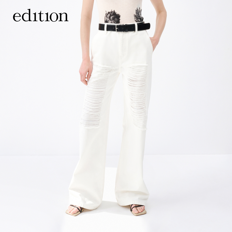 【商场同款】edition裤腿磨烂白色牛仔裤女#EBC2JEN020
