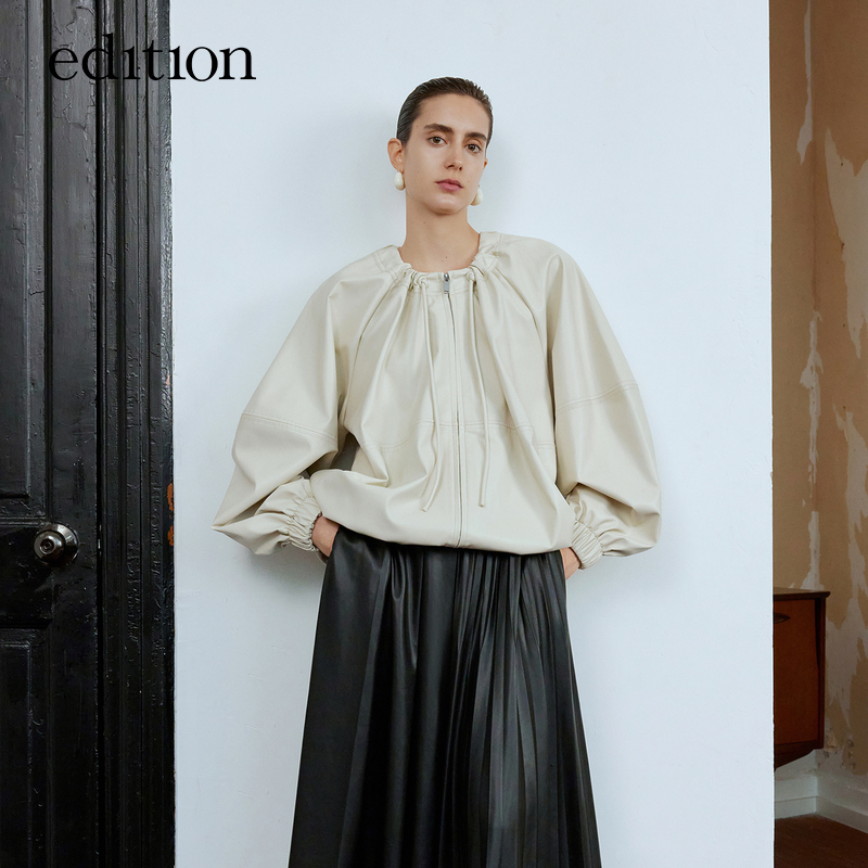 edition新款茧型抽绳pu皮衣女小众短款夹克外套#EBC1COTT03