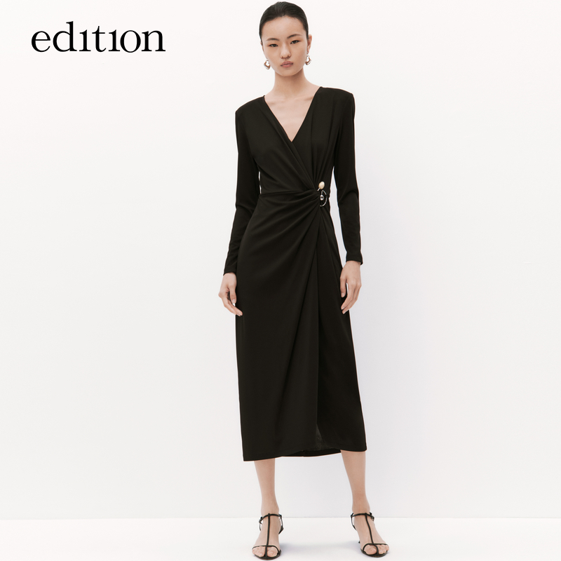 【凉感醋酸】edition新款连衣裙女黑色收腰长裙#EBC3DRST05