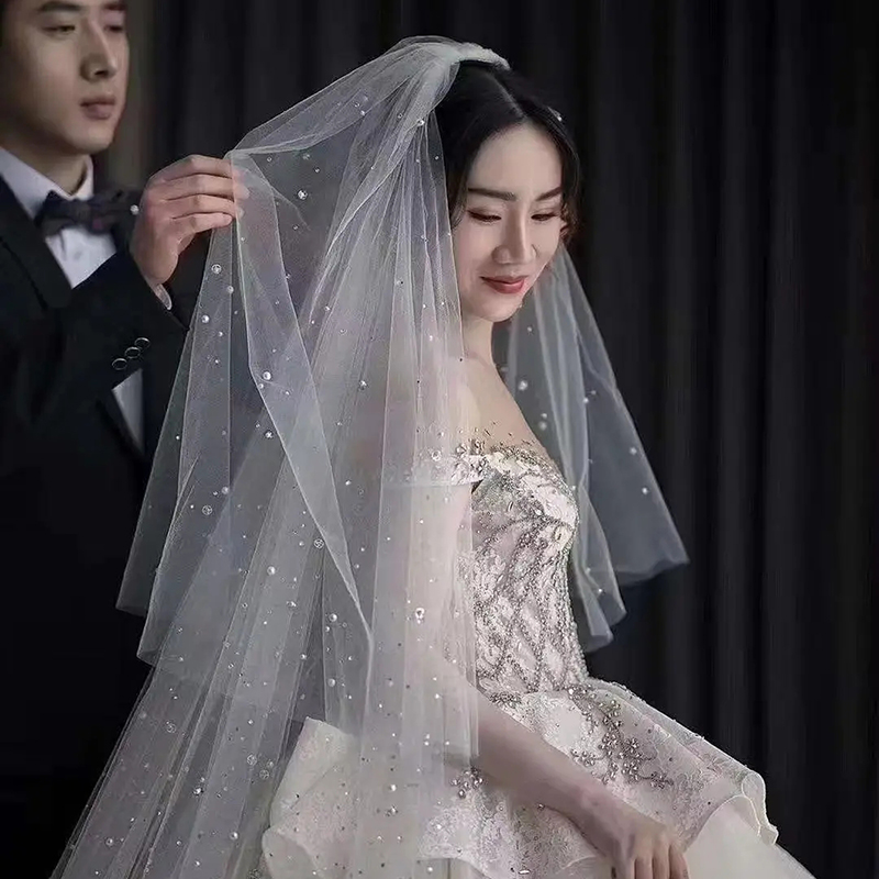 月下相恋长款珍珠头纱超仙森系网红拍照道具新娘结婚主婚纱头纱