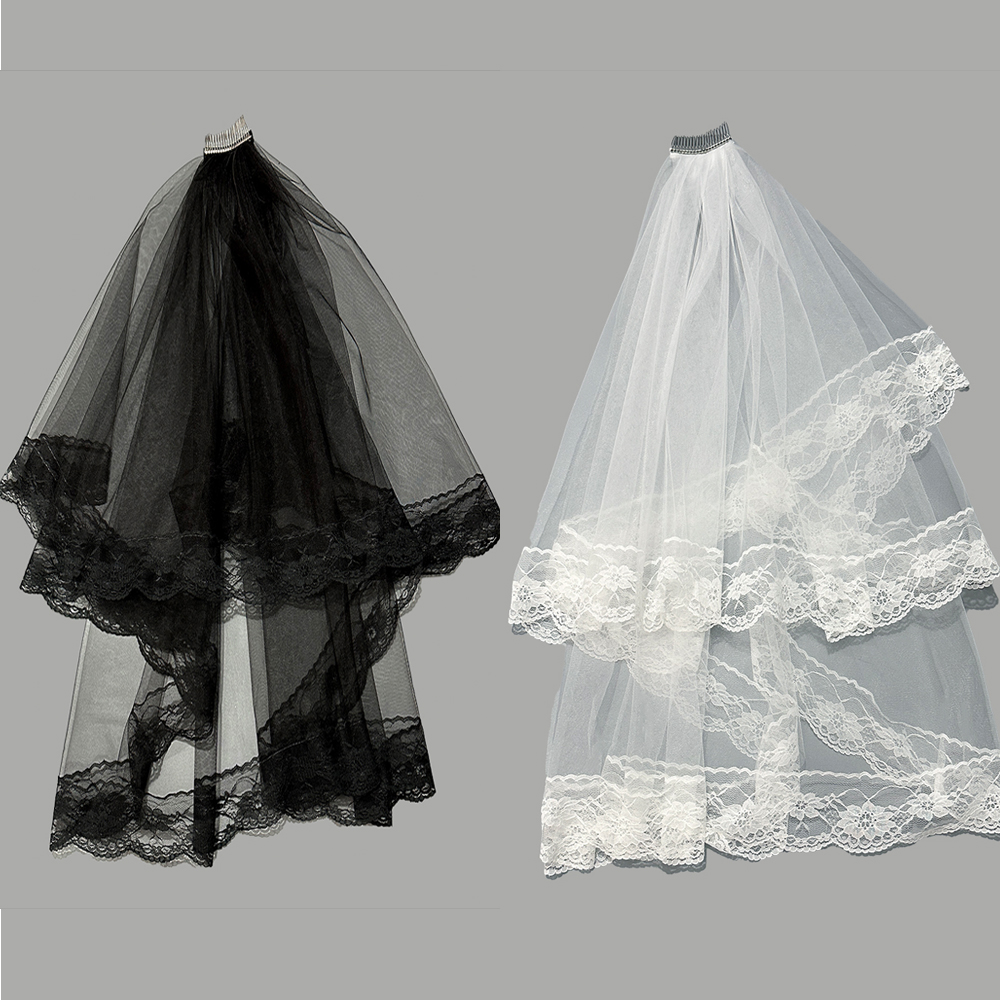 新娘结婚主婚纱头纱领证登记拍照道具黑色蕾丝花边万圣节拍照头纱
