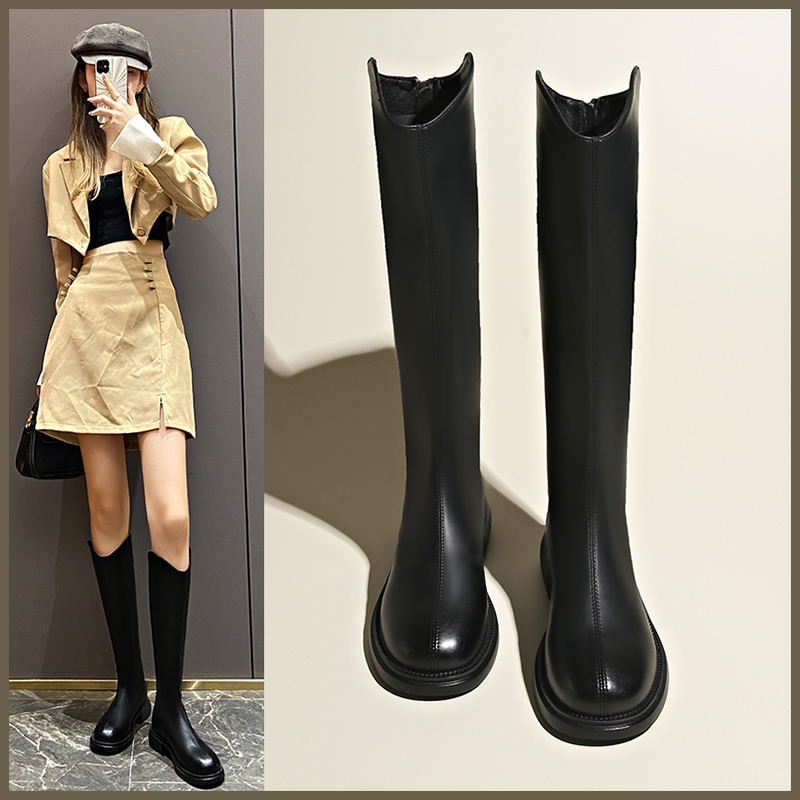 靴子女秋冬新款平底黑色长筒靴V口百搭显瘦长靴增高弹力高筒靴子