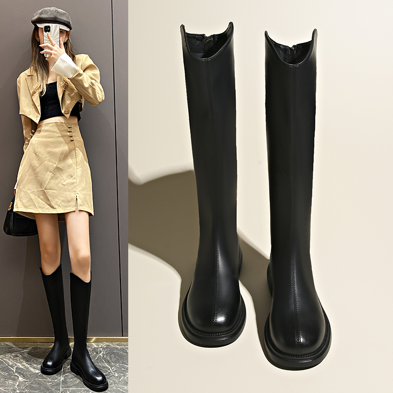 【3公分】平底长靴女V口加绒百搭显瘦弹力增高瘦瘦靴高筒靴骑士靴