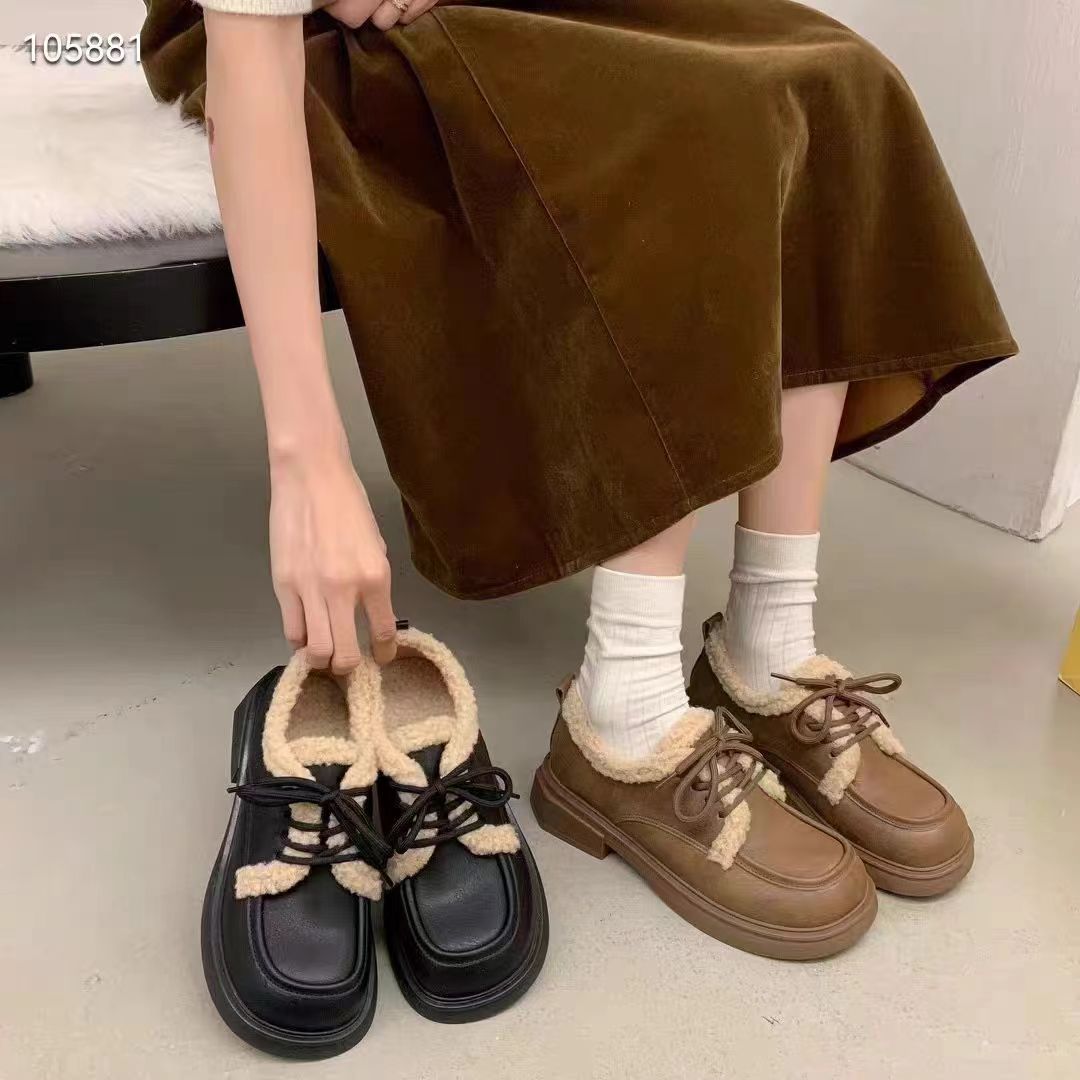 小皮鞋女2023新款加绒时尚百搭洋气系带厚底增高英伦风棉鞋23863