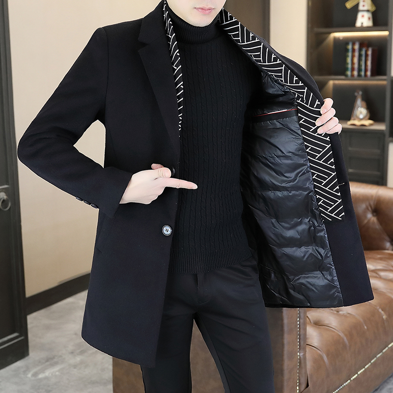 2025冬季新款男士羽绒风衣中长款加厚90白鸭绒毛呢大衣羽绒服外套