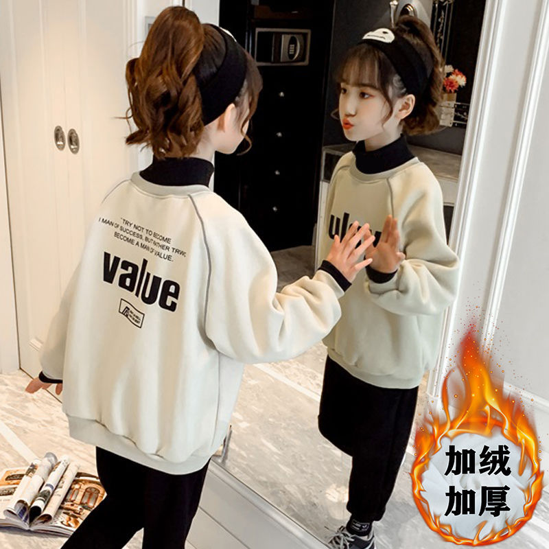 儿童加绒加厚卫衣女男童2023新款冬季中大童假两件高领保暖上衣服