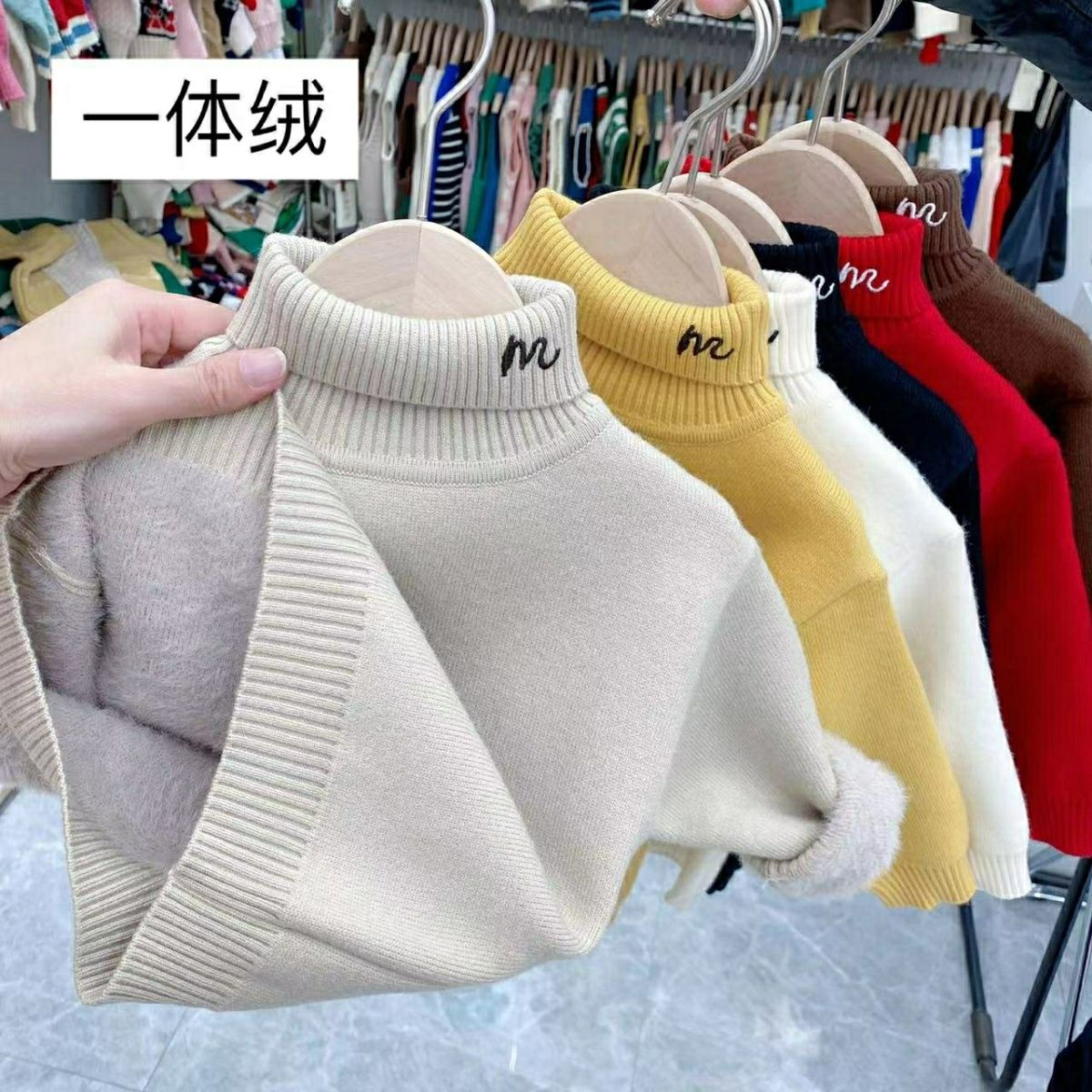 儿童一体绒毛衣秋冬新款男女童加绒加厚针织高领童装宝宝打底潮
