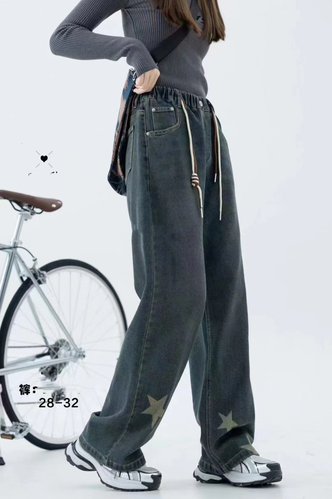 设计感星星直筒牛仔裤美式阔腿长裤