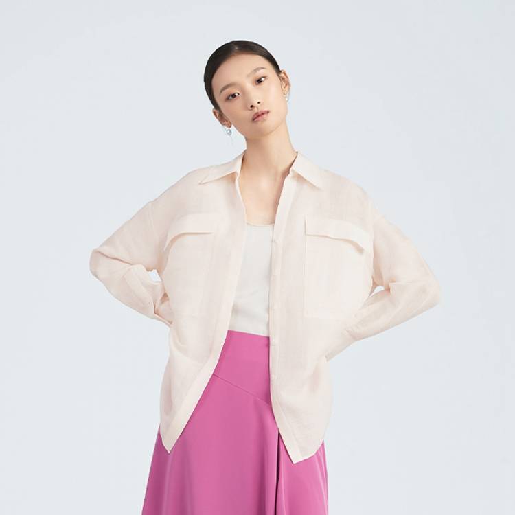OVV春夏新款女亚麻桑蚕丝混纺舒适宽松长袖休闲衬衫GNEAJ13006A