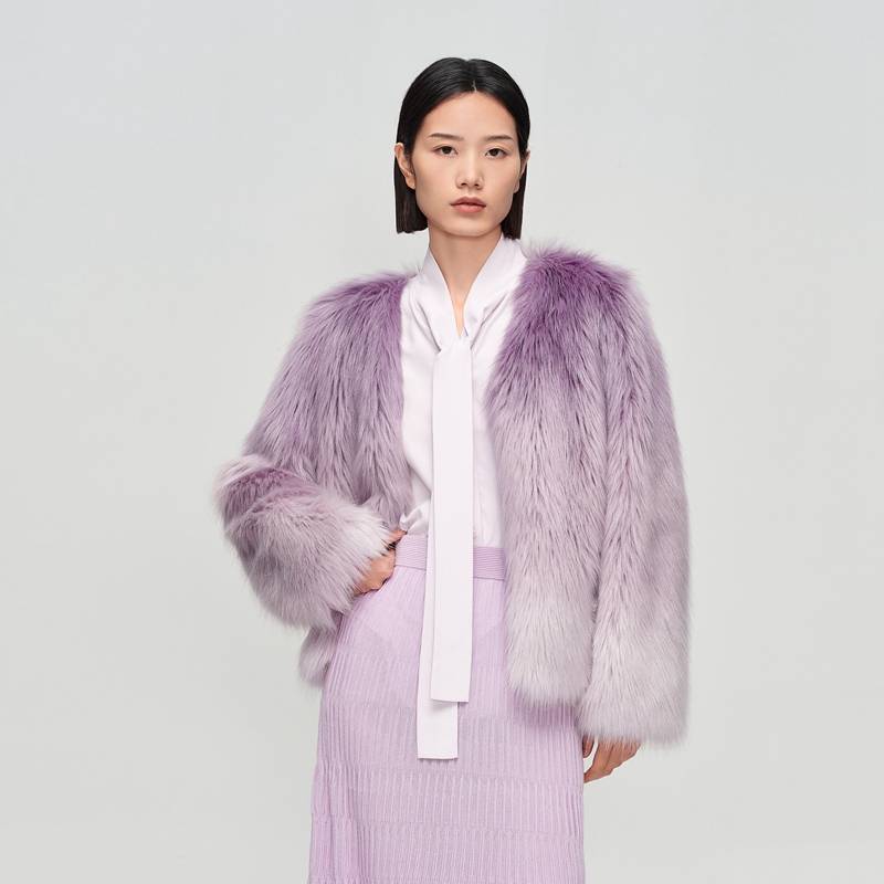 OVV秋冬新款女装柔软舒适紫色提花渐变大衣GWDAJ43107A