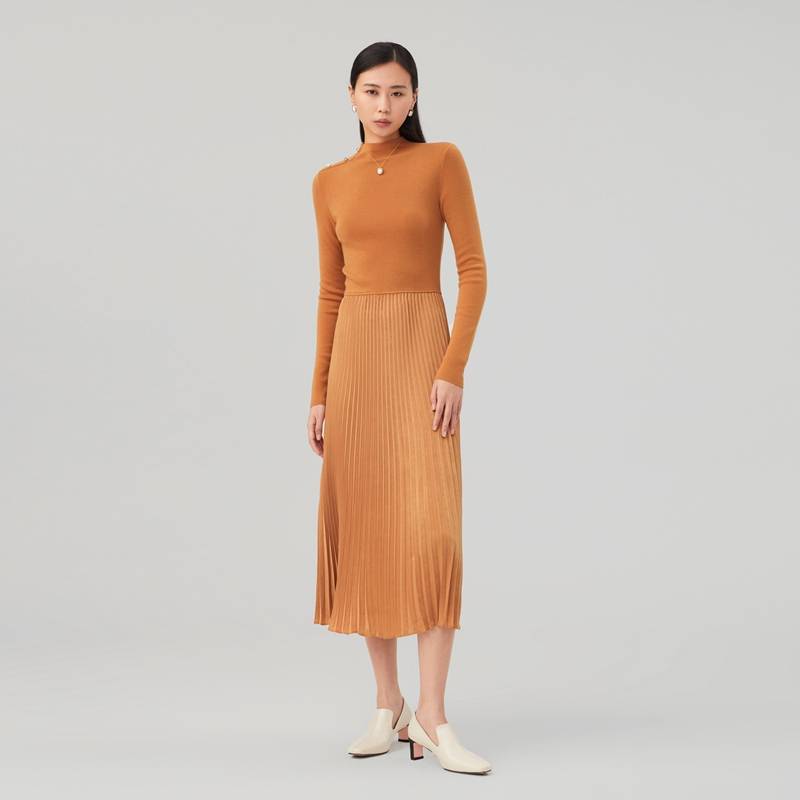 OVV秋冬新款女装针织半高领拼接梭织百褶长袖连衣裙GQZZJ33103A