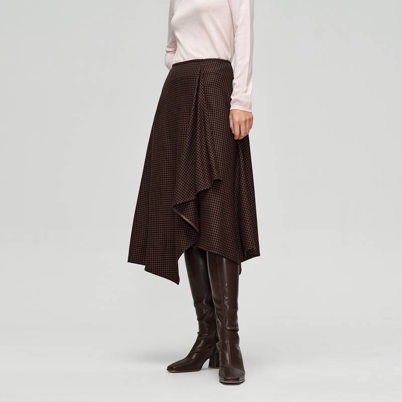 OVV秋冬新款女装千鸟格不规则下摆设计中长款休闲半裙GQDDJ33108A