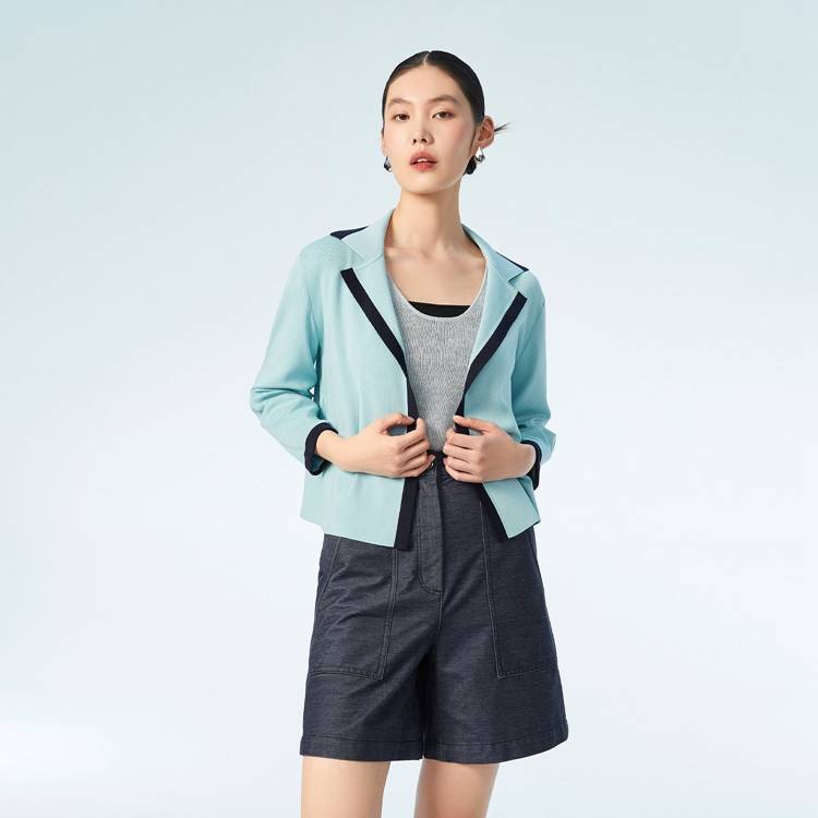 OVV春夏新款女装优雅桑蚕丝撞色小西装款式针织外套GWZAJ13009A