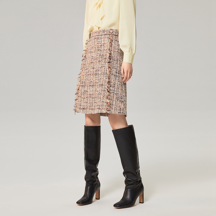 OVV秋冬新款女装意大利进口格纹粗花呢流苏A字半身裙GQDDJ32102A