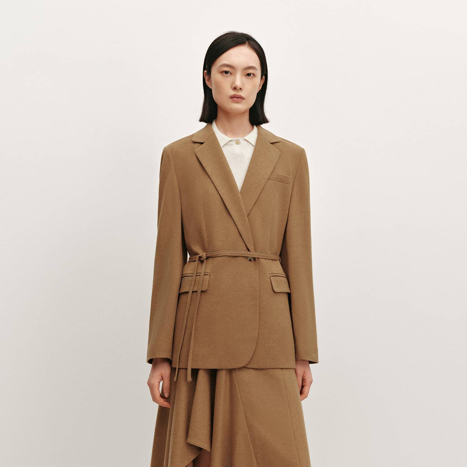 OVV秋冬新款女装平驳领针织羊毛随附腰带休闲西服外套GWXAJ34105A