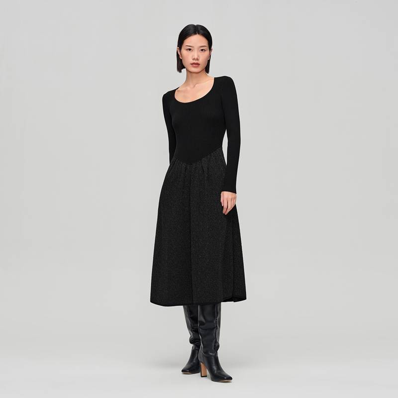 OVV秋冬新款女装金属丝点缀伞裙收腰长袖针织连衣裙GQZZJ33102A