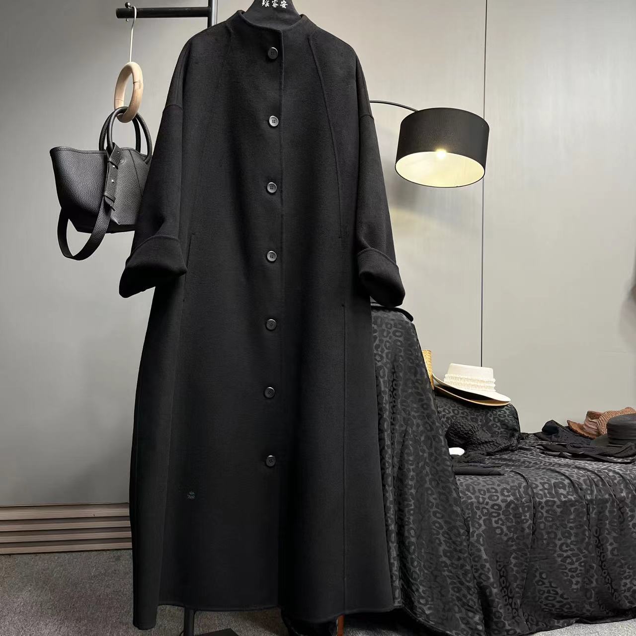 双面绵羊毛手工大衣气质黑色长款外套867