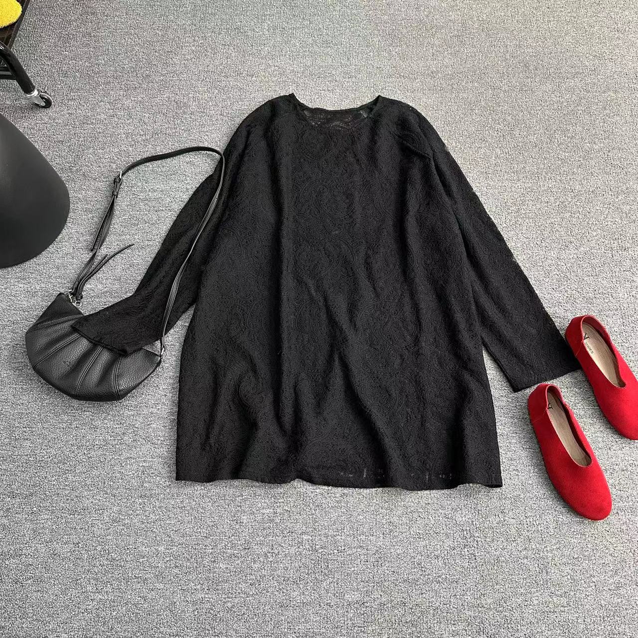 瑶睿安220斤 蕾丝长袖打底衫时尚百搭黑色打底小衫不勒肚子 685