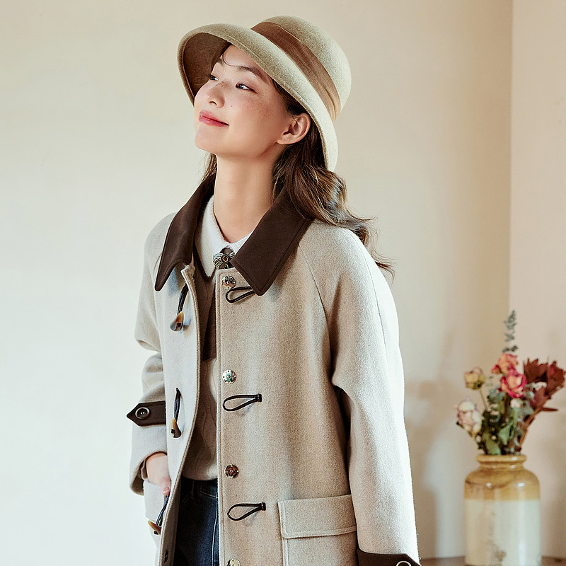 紫涵条纹格撞色毛呢大衣女冬季新款复古英伦风牛角扣宽Z3Z10BS217