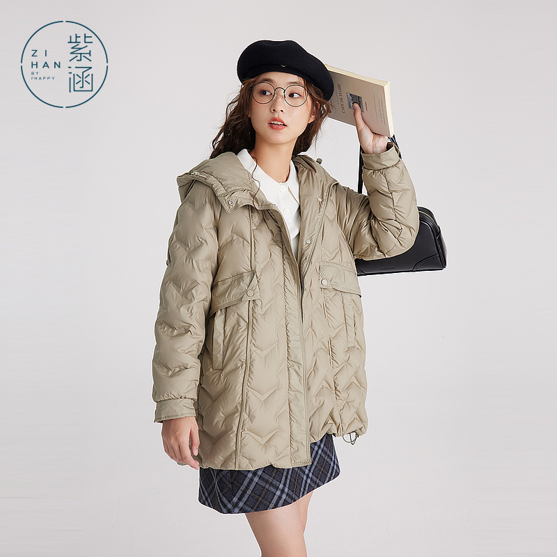 紫涵连帽羽绒服女格纹锁绒羽绒外套冬Z3Z09JS025