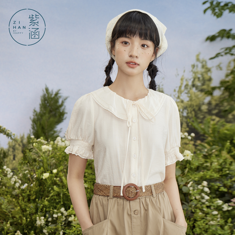 【同价618】紫涵娃娃领短袖衬衫女风蝴蝶结系带宽松衬衣Z4Z03AW099
