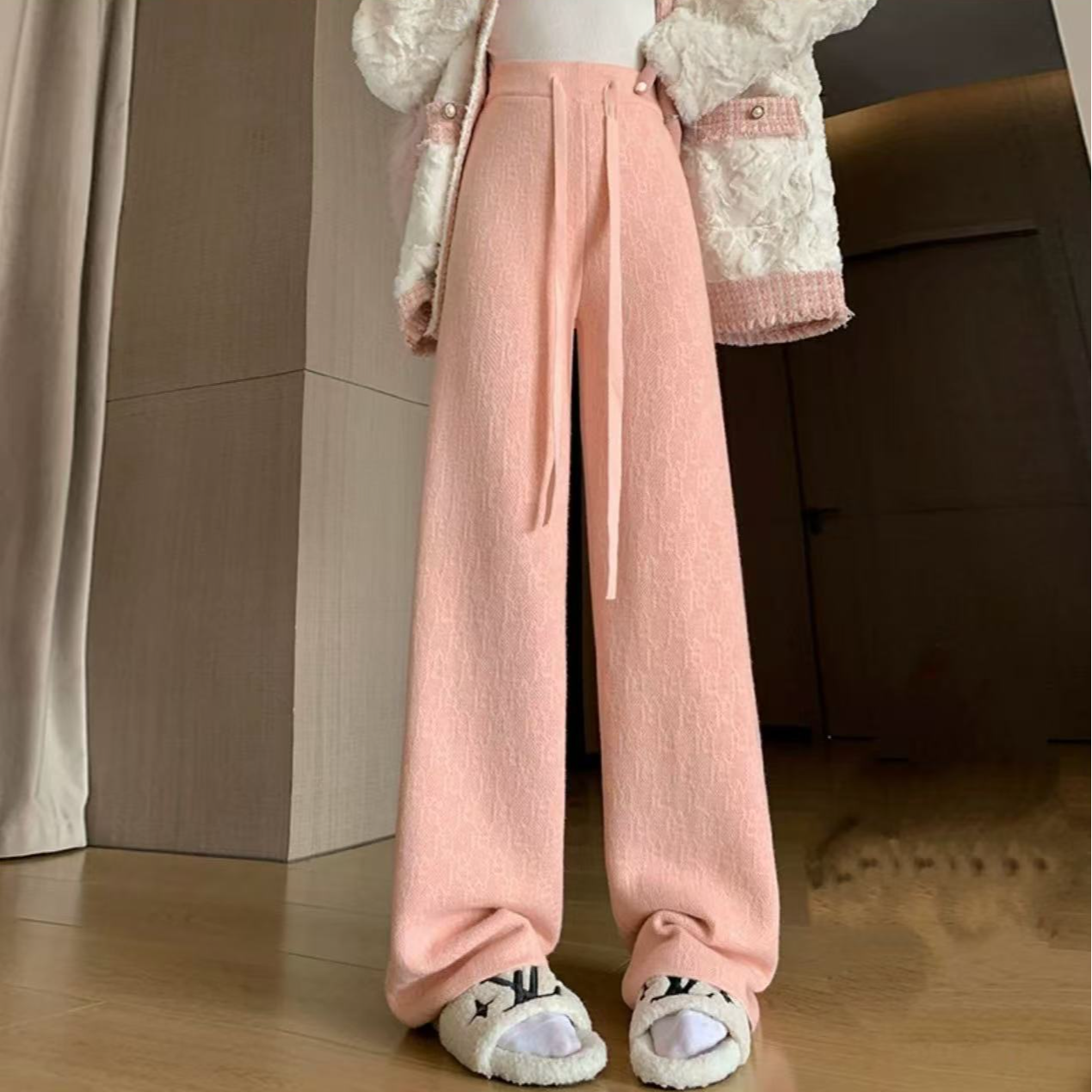 2025新款秋冬加绒阔腿裤高腰针织提花直筒裤5544