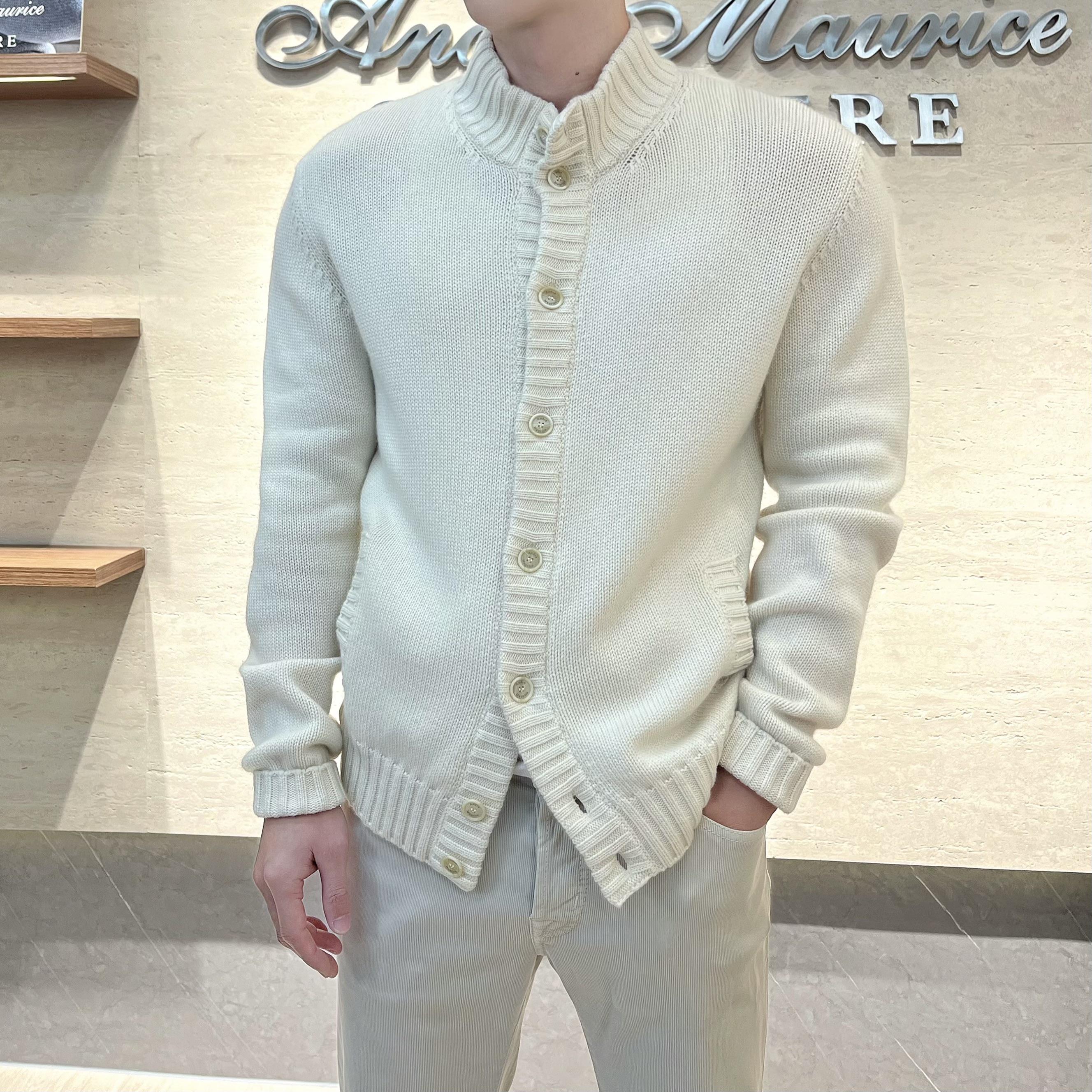 Andre Maurice冬款 男士蓝色立领厚羊绒开衫外套时尚保暖