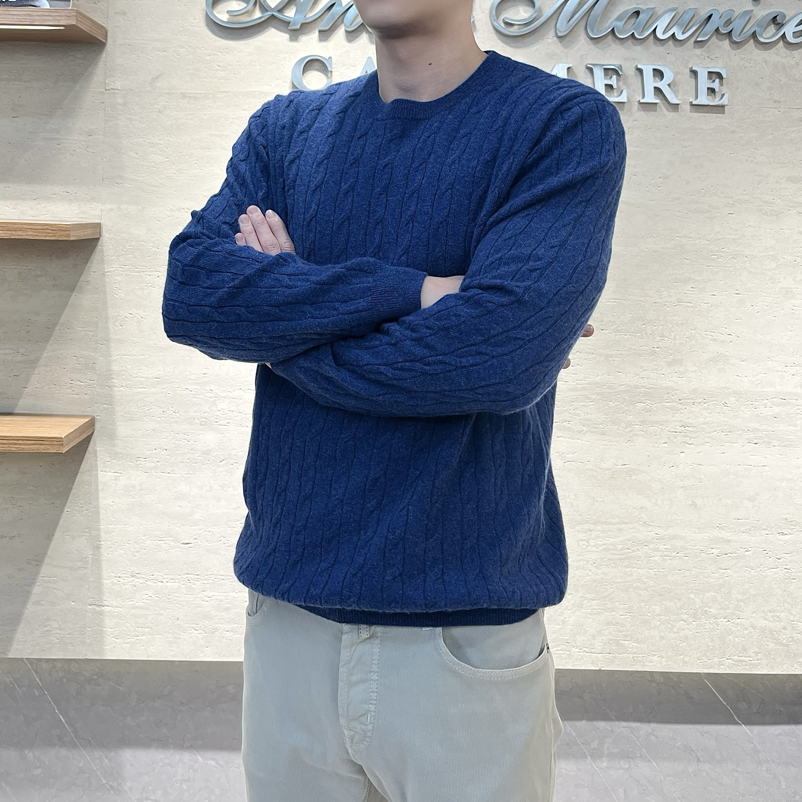 Andre Maurice冬款 男士雪花蓝圆领开司米套头羊绒衫