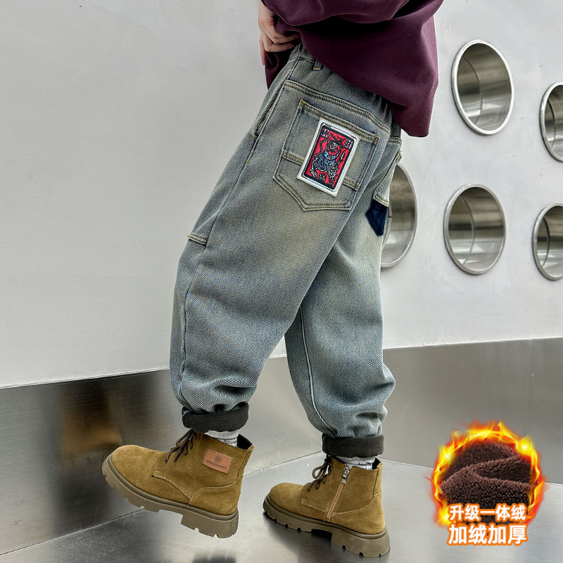 儿童装男童一体加绒裤子秋冬款2024新款冬季牛仔保暖加厚大童男孩