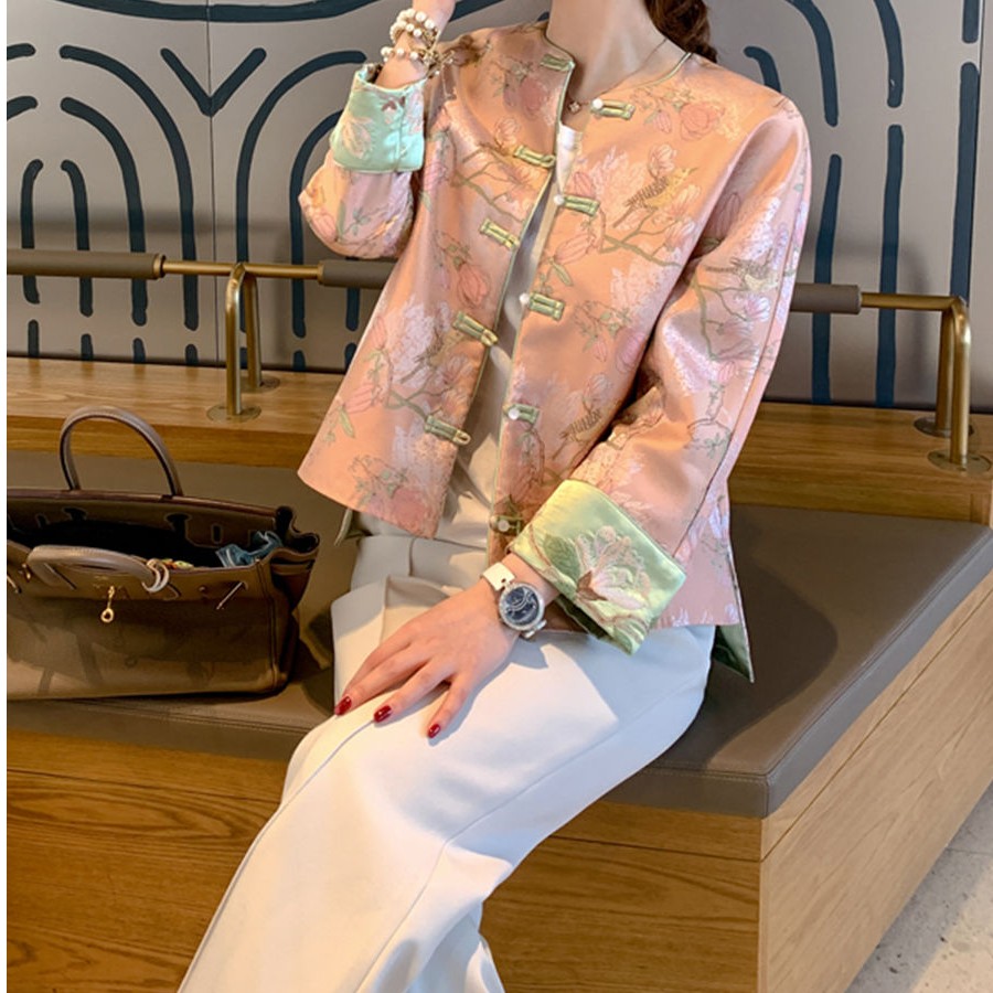 中国风提花唐装上衣外套女2024年春季宽松型旗袍短款中式长袖汉服