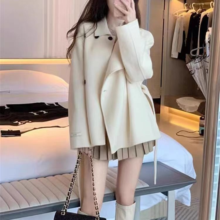 双面大衣外套女秋季女短款小个子韩系斜扣系带毛呢外套时尚