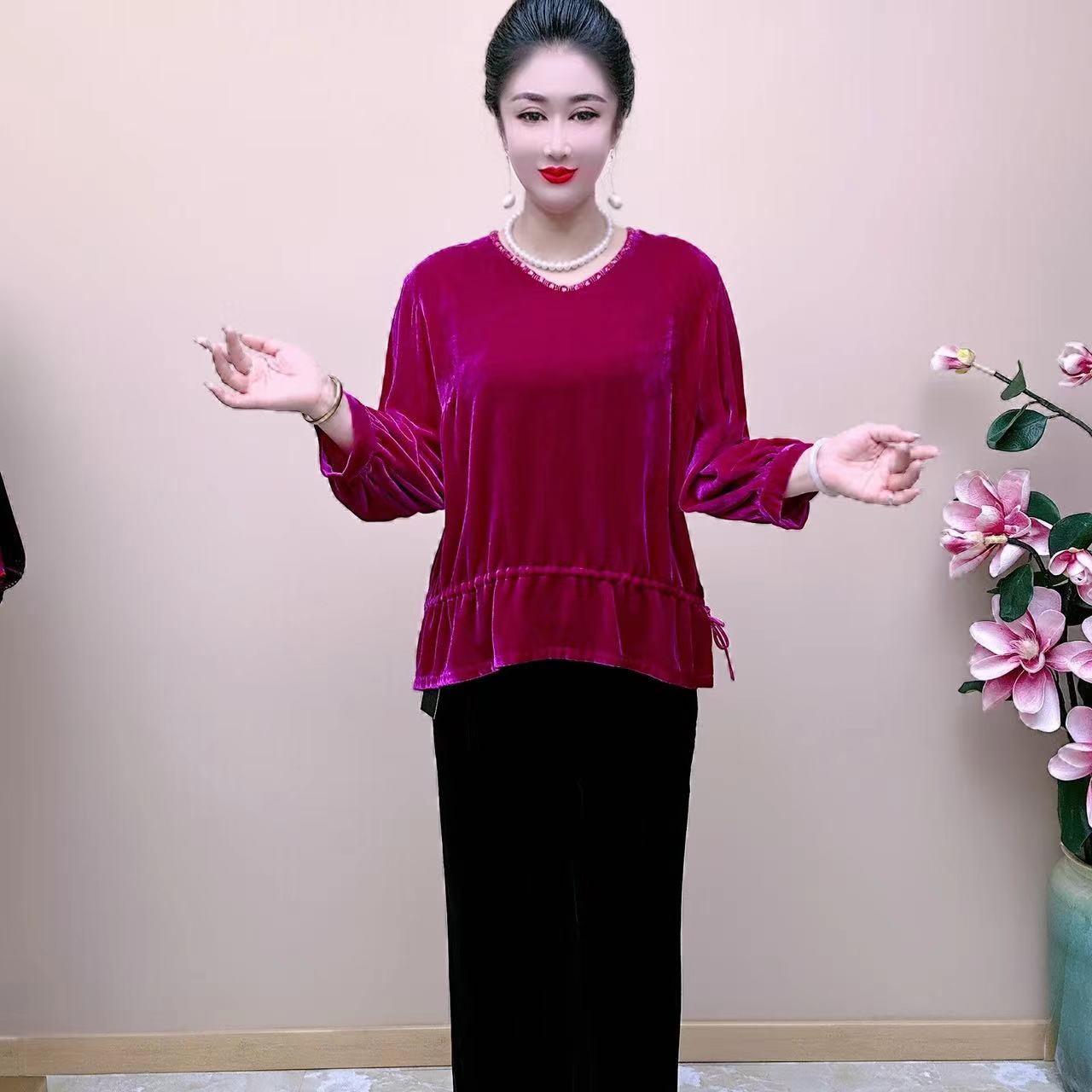 桑蚕丝新款时尚显瘦气质款洋气大方大码小衫圆领秋季宽松061