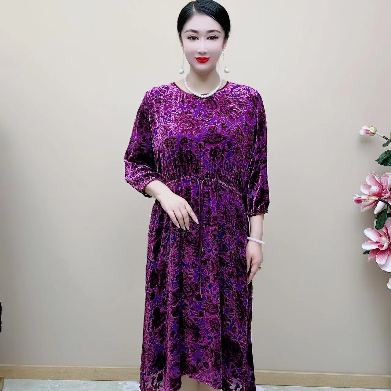 桑蚕丝精致优雅高端大气丝绒气质春夏女装连衣裙057