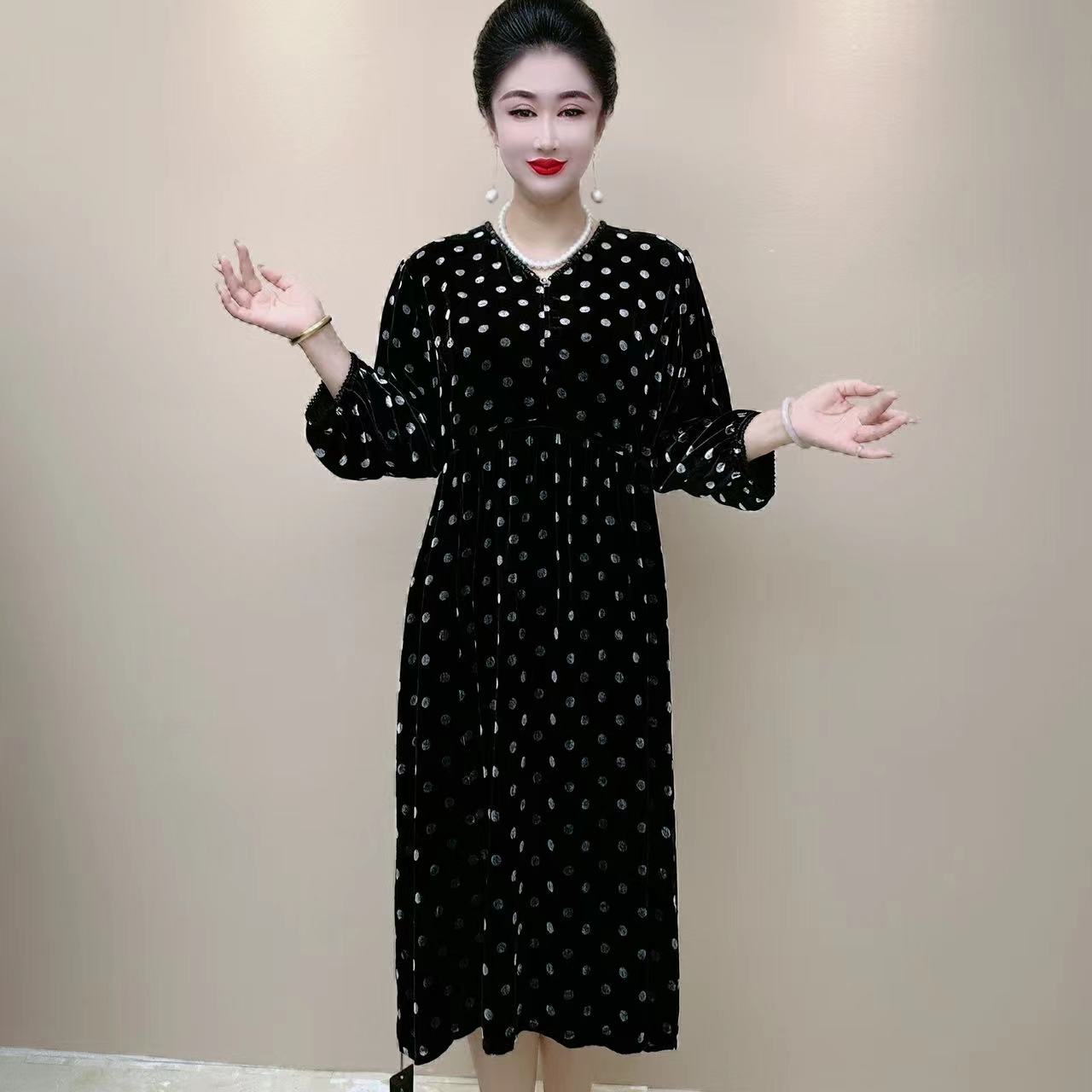 桑蚕丝精致优雅高端大气丝绒气质收腰女装连衣裙018