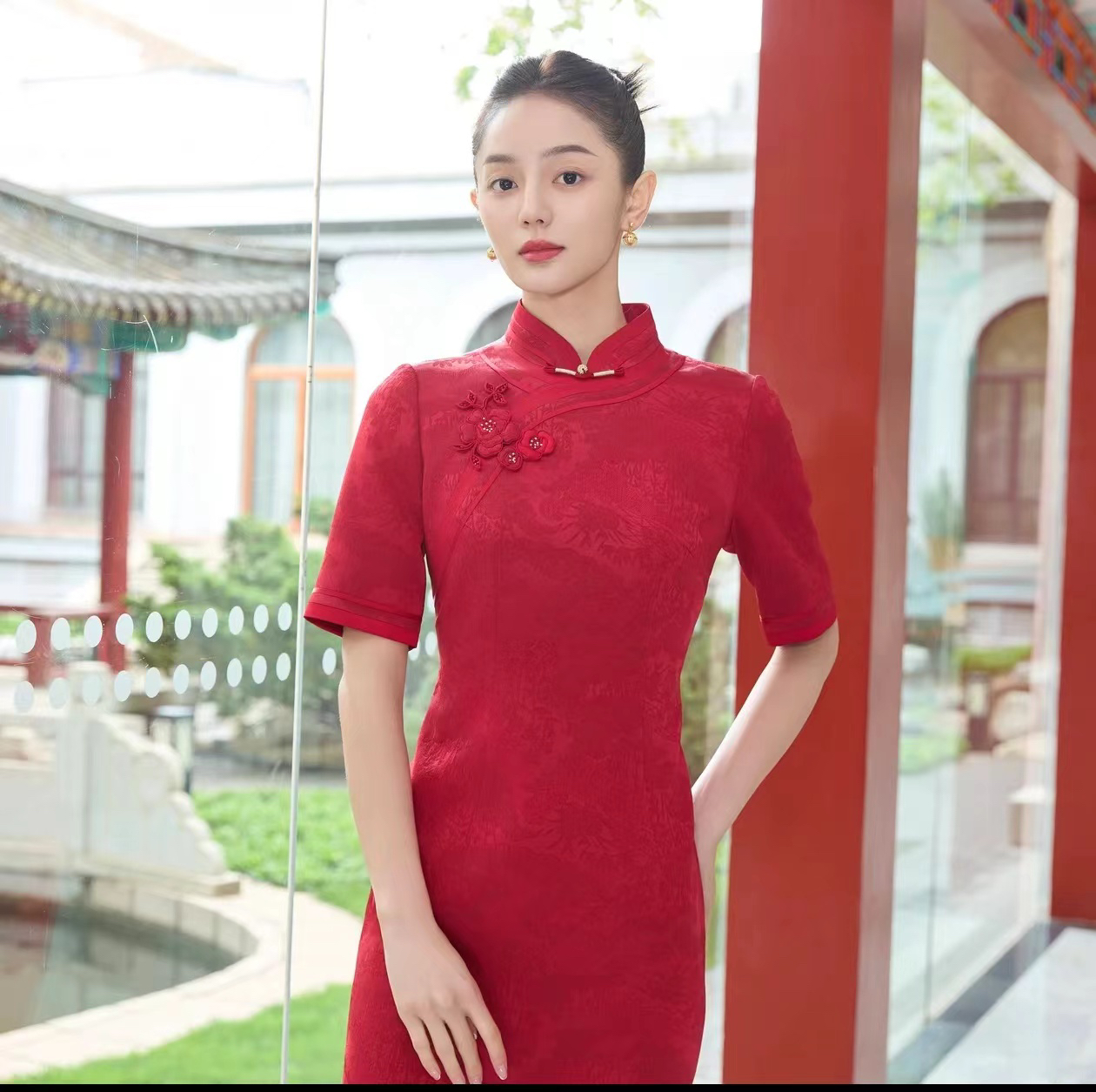 朱紫褕17897六礼慕天姿酒红色显瘦气质中长款时尚优雅修身中国风